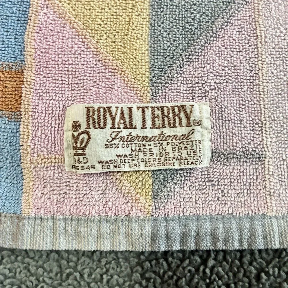 Vintage Royal Terry Beach Towel Flowers Tulips Pastel Floral Geometric Yellow